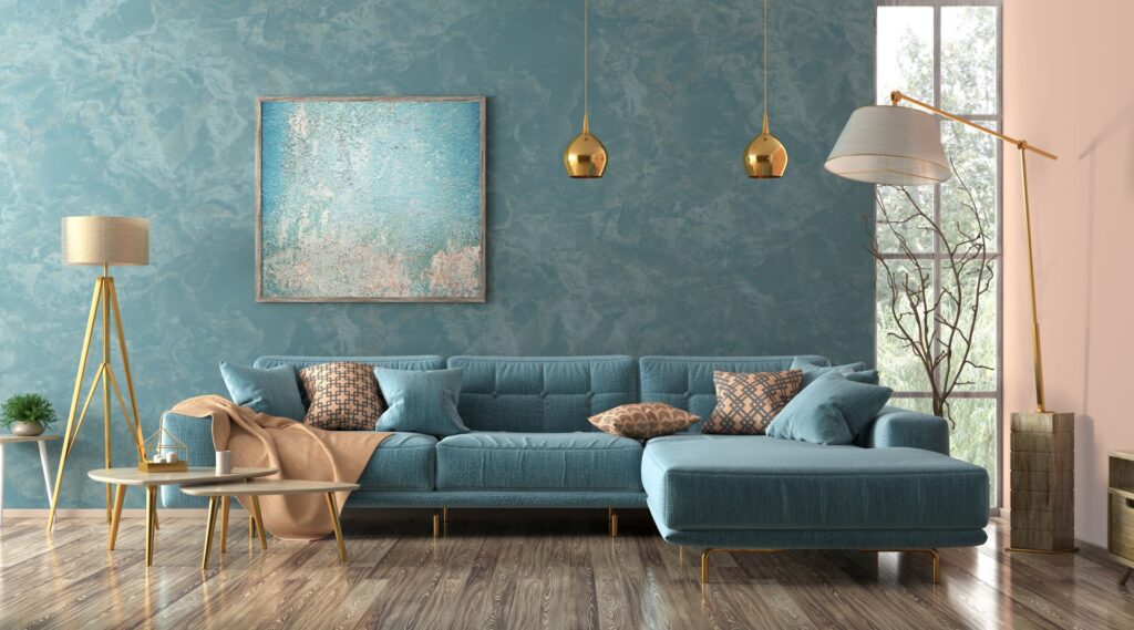 Interieur eines Wohnzimmers mit blauem Sofa, 3D Rendering
