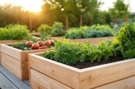 Moderne Hochbeete aus hellem Holz mit frischem Gemüse im Sonnenlicht – ideal für urbanes Gartendesign im Sommer