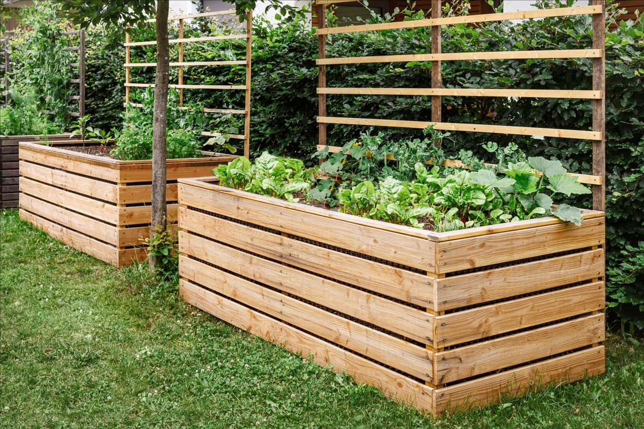 Holz-Hochbeet mit integrierter Rankhilfe auf Rasenfläche – optimal für platzsparendes und stilvolles Gemüsebeet-Design
