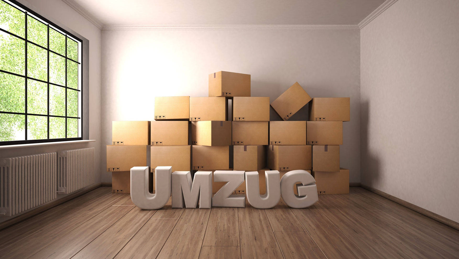 Umzugskartons gestapelt mit Treppensackkarre