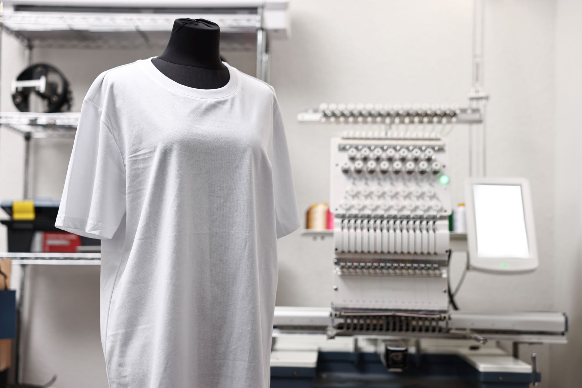 Stickmaschine neben unbedrucktem T-Shirt