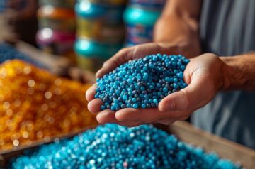 Blaues Kunststoffgranulat in Hand | ETFE-Kunststoffe geeignet für die industrielle Anwendung