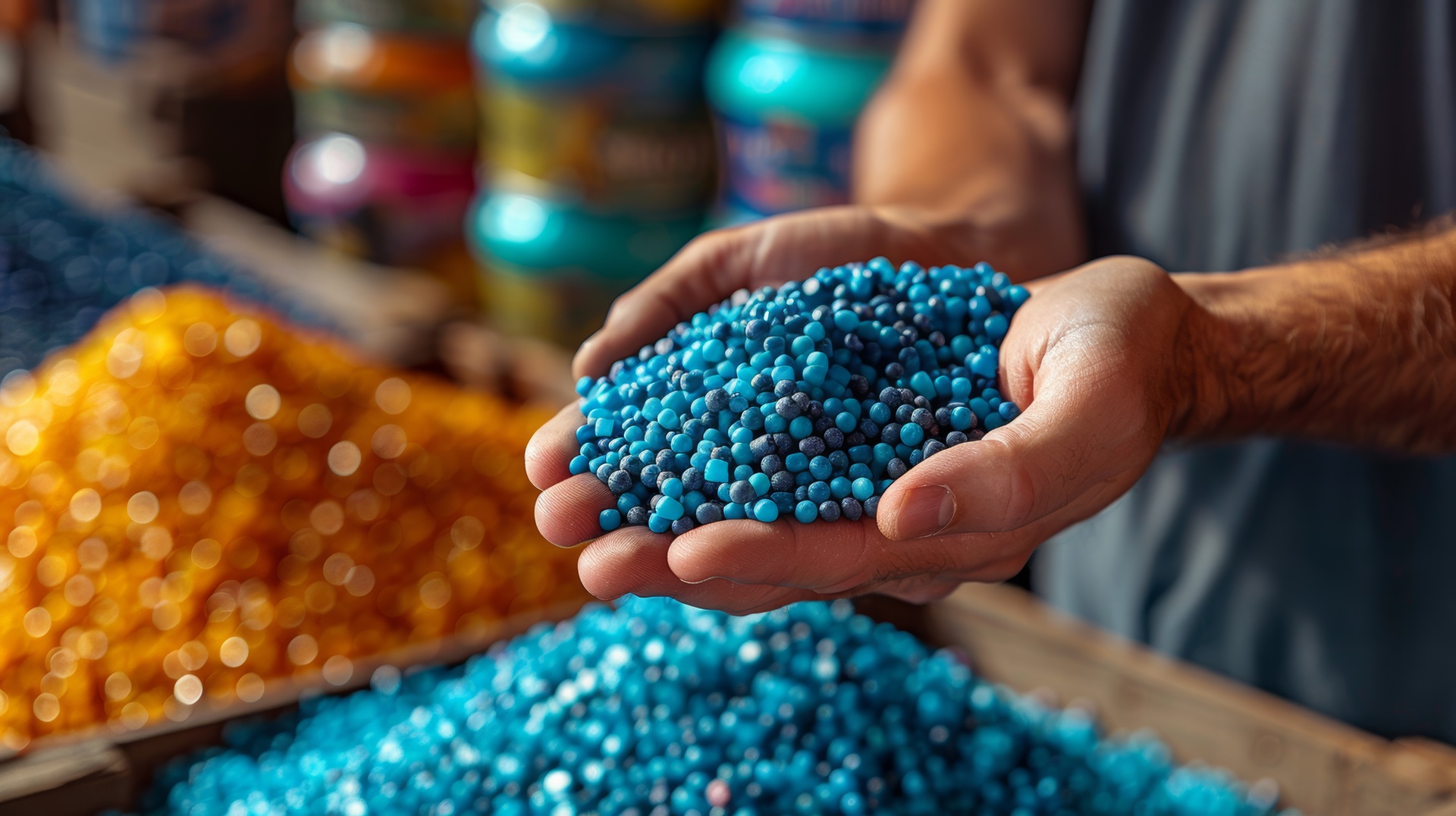 Blaues Kunststoffgranulat in Hand | ETFE-Kunststoffe geeignet für die industrielle Anwendung