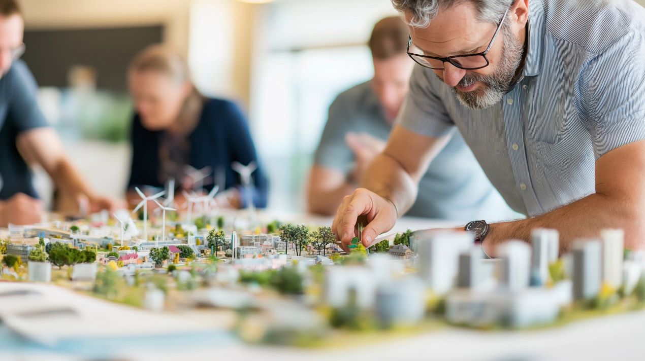 Architekt arbeitet an einem Stadtmodell mit Windrädern und Begrünung – Planung nachhaltiger Städte mit Fokus auf Gründach