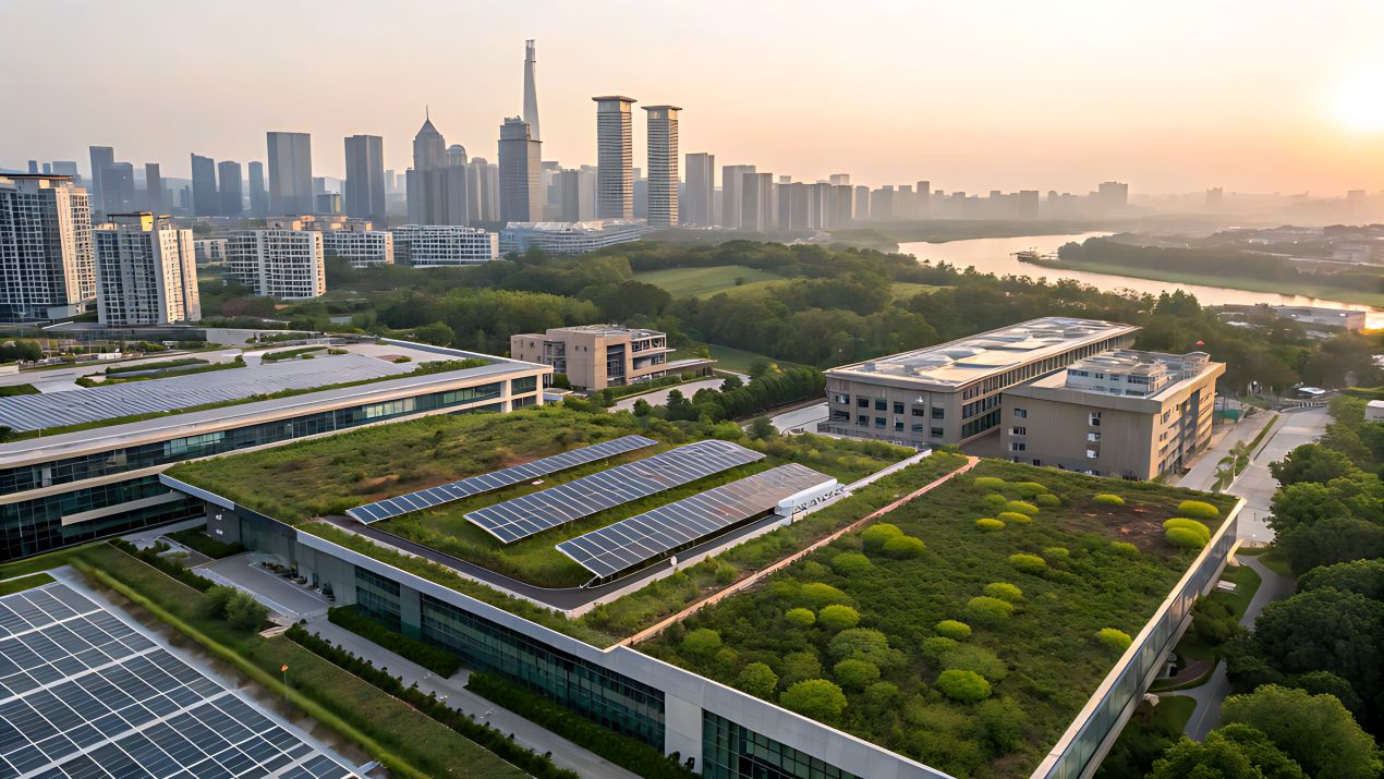 Dächer mit Gründach und Solarpanels in moderner Großstadt bei Sonnenuntergang – Beispiel für klimafreundliche Stadtentwicklung