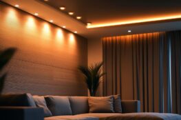 Wohnbereich mit Einbauleuchten und LED-Lichtleisten – stimmungsvolle Kombination aus Deckenlicht und Akzentbeleuchtung