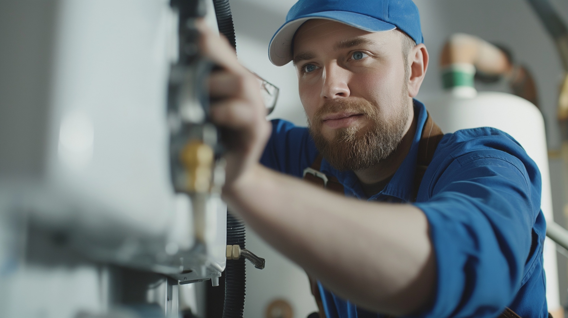 Handwerker wartet moderne Heizungsanlage | Stauraumkanal