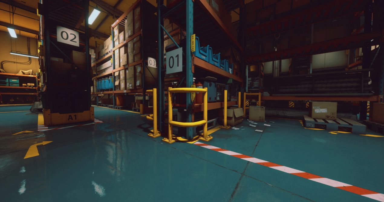 Lagerhalle mit gelben und roten Linien der Bodenmarkierung, die Wege, Regale und Sicherheitszonen klar voneinander abgrenzen