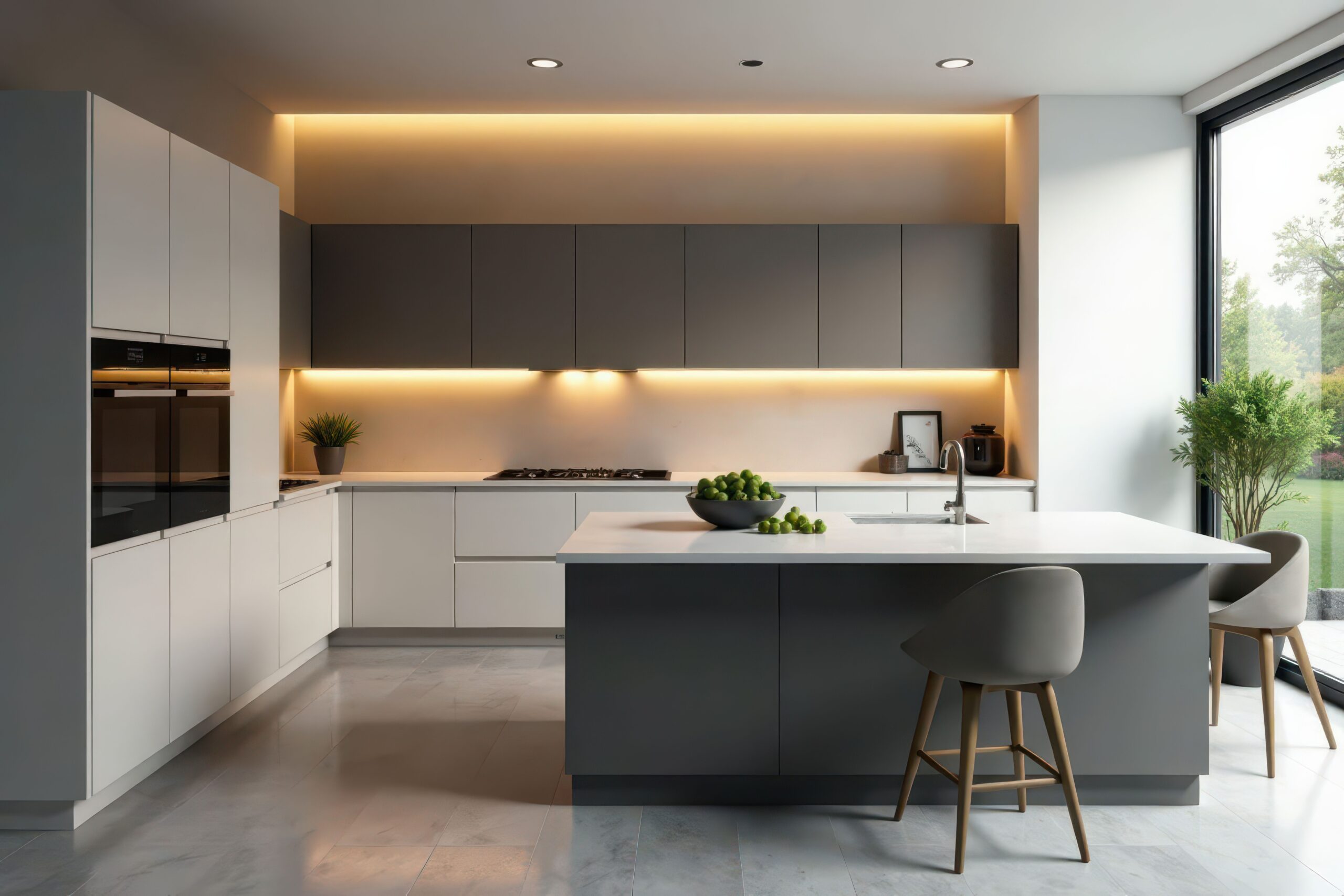 Schlanke minimalistische Küche, LED-Beleuchtung unter den Schränken, Dekor, Küchenutensilien