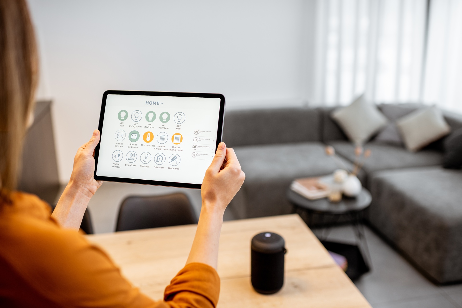 Frau nutzt Tablet zur Steuerung eines Smart-Home-Systems | Enthärtungsanlage