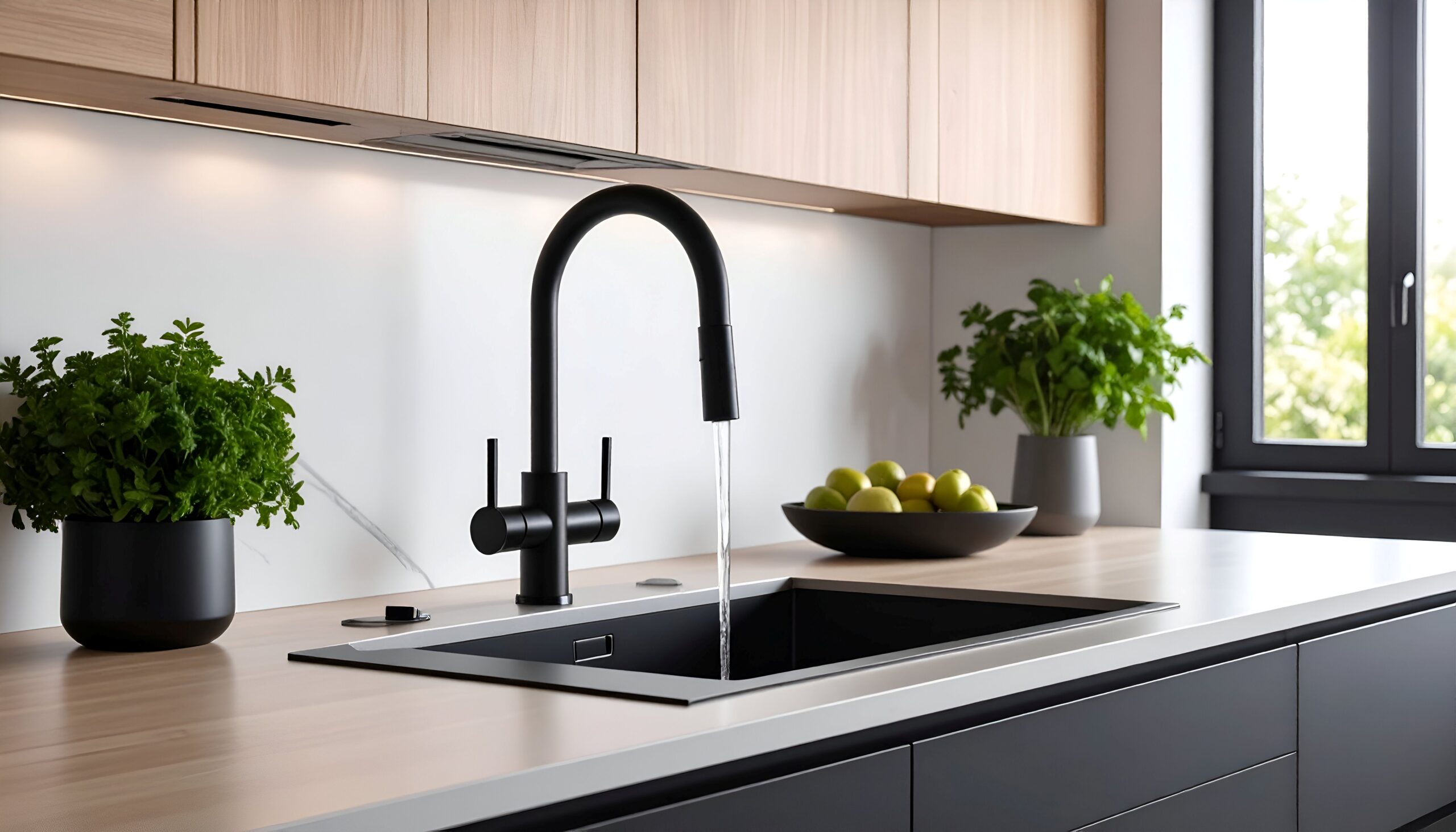 Moderner Sprudel Wasserhahn mit fließendem Wasser.